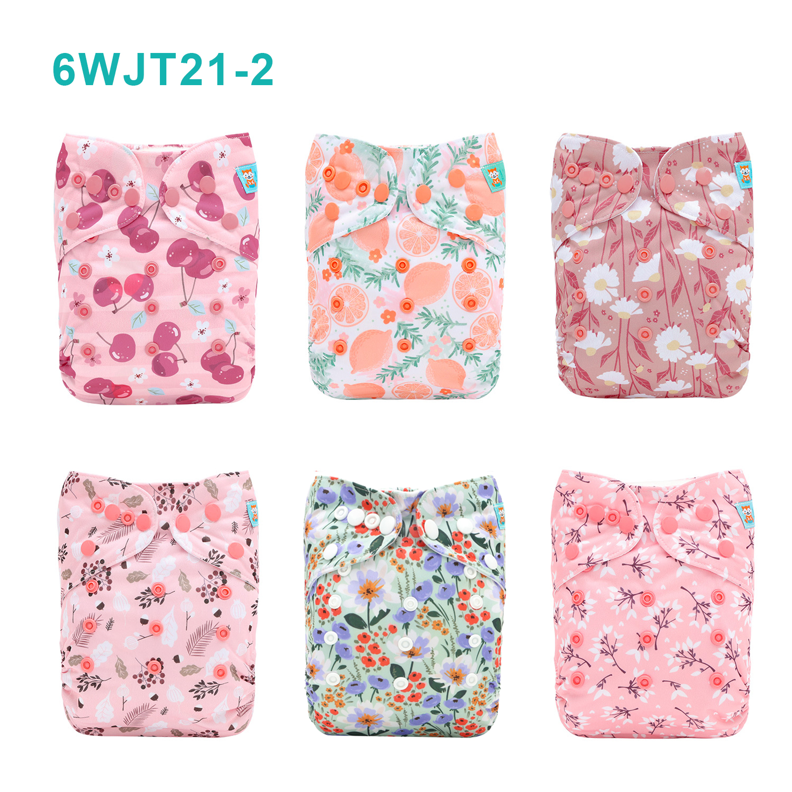 6-Pack AWJ Cloth Diapers with 6 Bamboo Inserts (4 Layers) - One Size Adjustable & Reusable Pocket Diapers for Summer