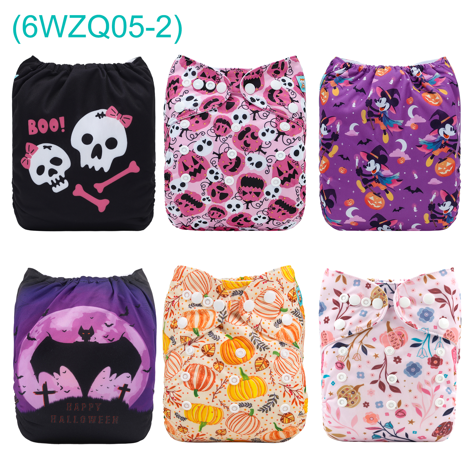 6-Pack Halloween Cloth Diapers with 6 Microfiber Inserts - One Size Reusable and Adjustable Pocket Diapers for Infants & Toddlers