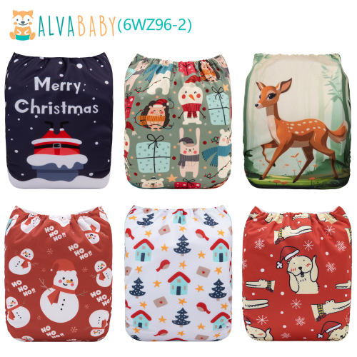 6-Pack Christmas Cloth Diapers with 6 Microfiber Inserts - One Size Reusable and Adjustable Pocket Diapers for Infants & Toddlers