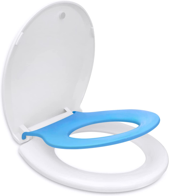 Elongated Toilet Seat with Built in Child Seat, Slow Close and Easy to Install with American Standard Hinges, Quick Release and Easy to Clean, Magnetic Kids Seat Suitable for Adults and Children