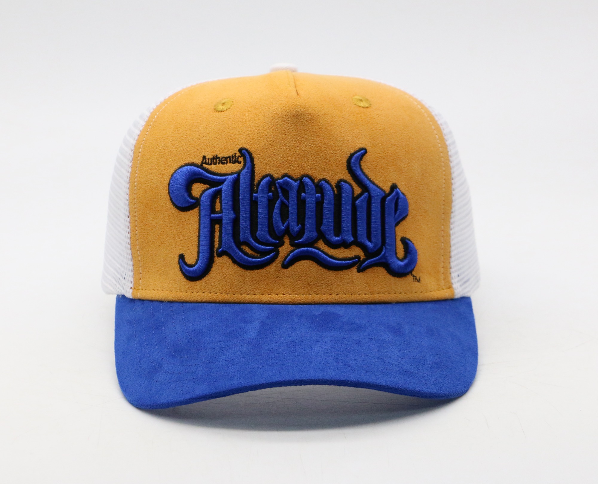 Custom High Quality 5 Panel Men Structured Embroidery Logo royal blue Suede Trucker Caps mesh Hat
