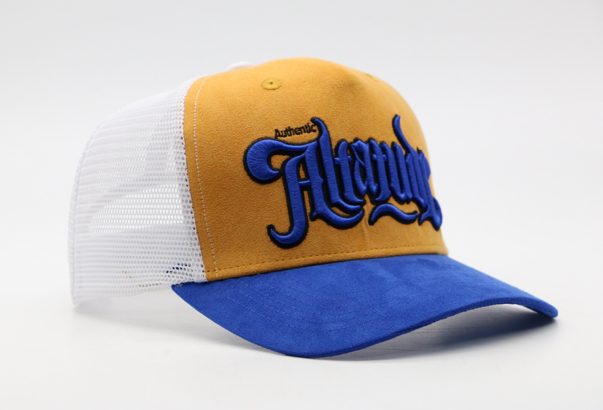 Custom High Quality 5 Panel Men Structured Embroidery Logo royal blue Suede Trucker Caps mesh Hat