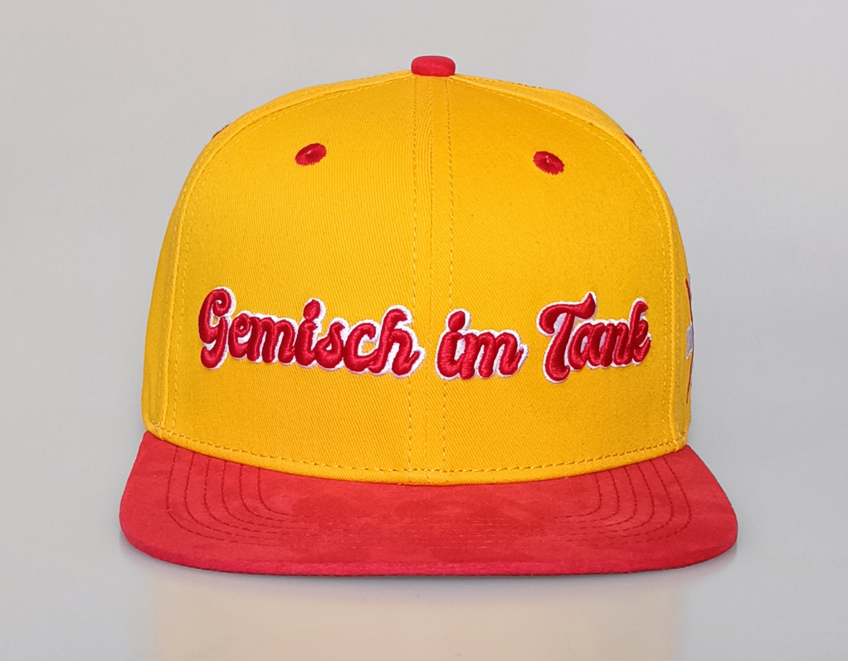 Custom 6 panel 2 tones red satin lining yellow cotton red suede brim printing logo snapback cap