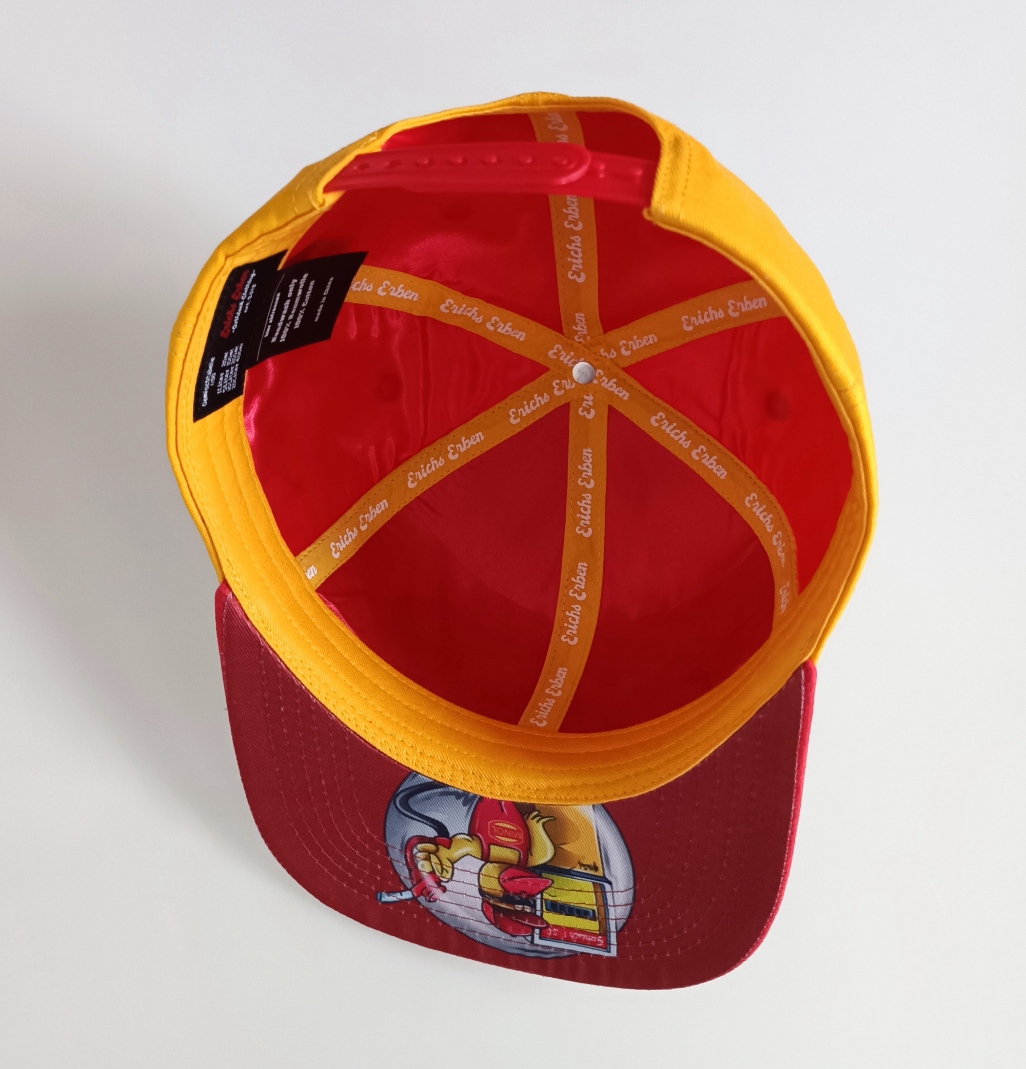 Custom 6 panel 2 tones red satin lining yellow cotton red suede brim printing logo snapback cap