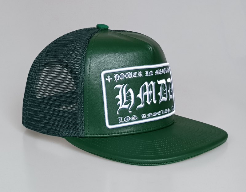 Custom 5 panel heavy green leather flat brim cap mesh snapback trucker hat