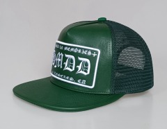 Custom 5 panel heavy green leather flat brim cap mesh snapback trucker hat