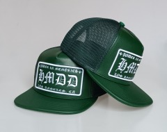 Custom 5 panel heavy green leather flat brim cap mesh snapback trucker hat