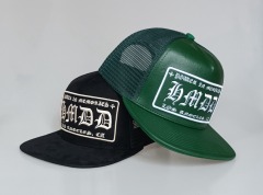 Custom 5 panel heavy green leather flat brim cap mesh snapback trucker hat