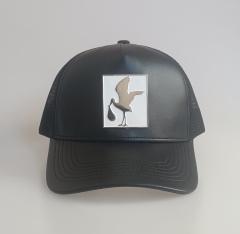 Custom black leather mesh hat metal patch logo high quality trucker cap hat