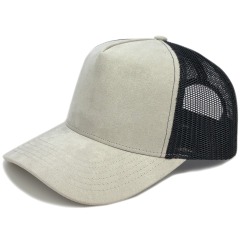 Grey suede material 5 panel plain blank adult trucker hat mesh cap
