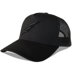 Custom high profile 5 panel black 3D embroidery logo on black trucker hat mesh cap