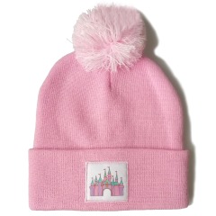 Pink bom bom beanie hat with printing label
