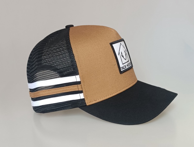 Custom 5 panel high profile brown 3 stripes hat Australia country trucker cap