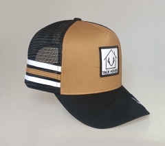 Custom 5 panel high profile brown 3 stripes hat Australia country trucker cap