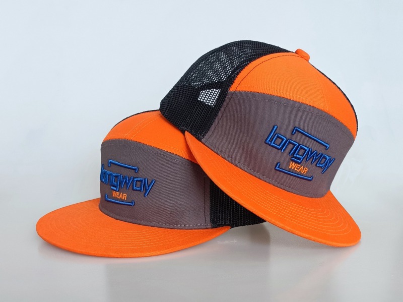 7 panel orange flat brim 3D embroidery logo trucker hat snapback cap