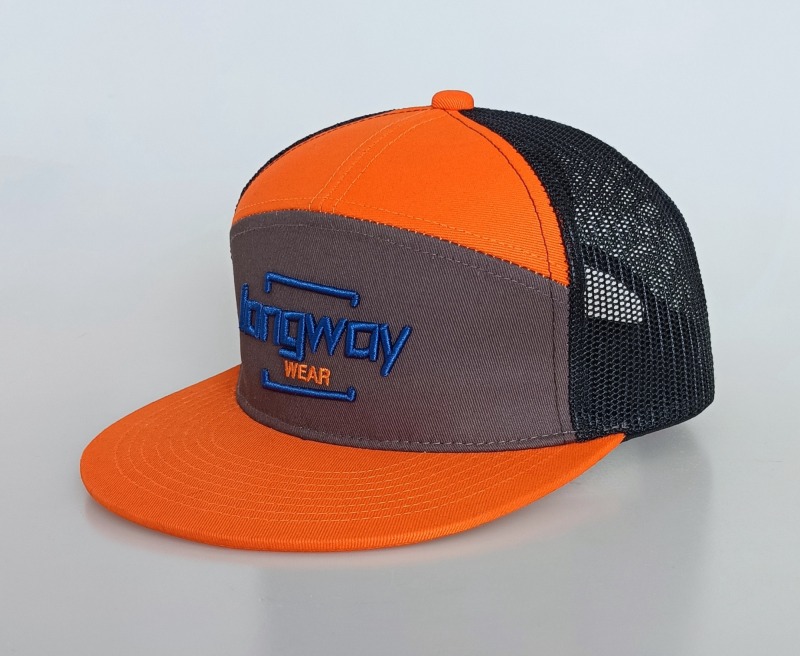 7 panel orange flat brim 3D embroidery logo trucker hat snapback cap