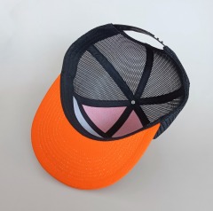 7 panel orange flat brim 3D embroidery logo trucker hat snapback cap