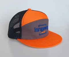 7 panel orange flat brim 3D embroidery logo trucker hat snapback cap