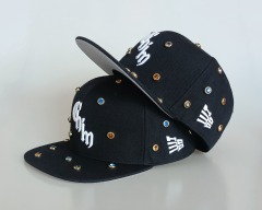 High quality wool acrylic blend 6 panel flat brim fitted hat colorful Rhinestones inlaid snapback cap