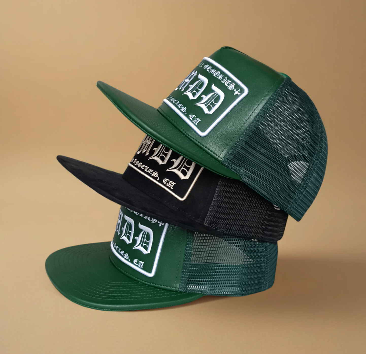 Custom Green Leather material flat bill mesh cap