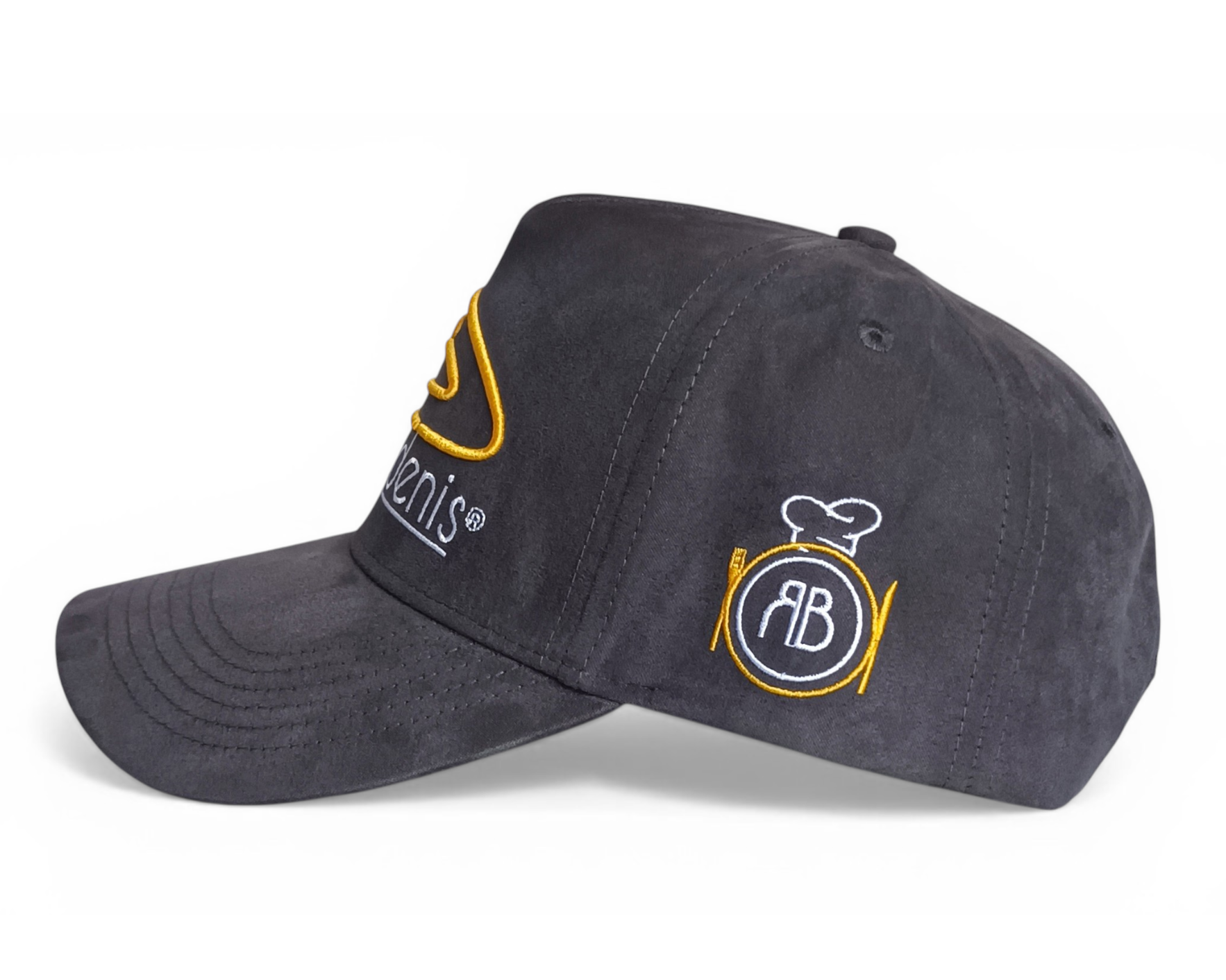 Grey suede 5 panel A frame 3D embroidery logo baseball cap