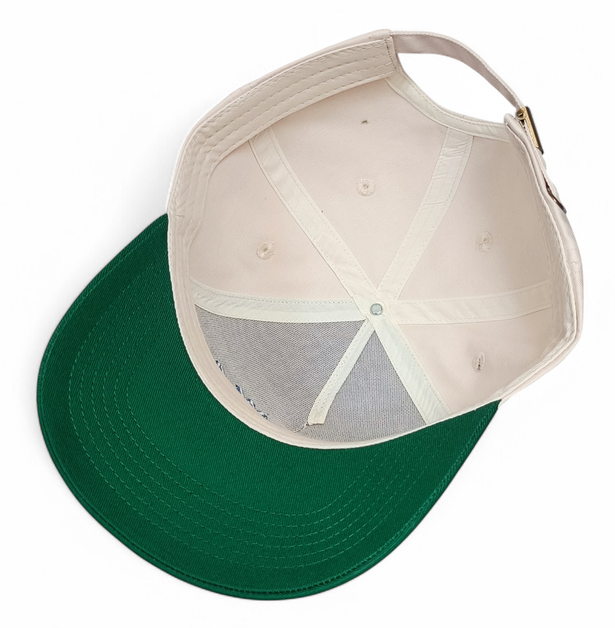 Custom Structured 3D Embroidery Logo Snapback Cap 100% Cotton 5-Panel Hat with 2 Tone Beige Green Curved Brim Baseball Cap