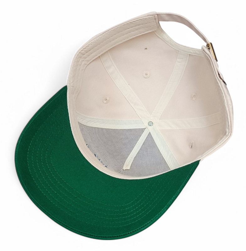 Custom Structured 3D Embroidery Logo Snapback Cap 100% Cotton 5-Panel Hat with 2 Tone Beige Green Curved Brim Baseball Cap