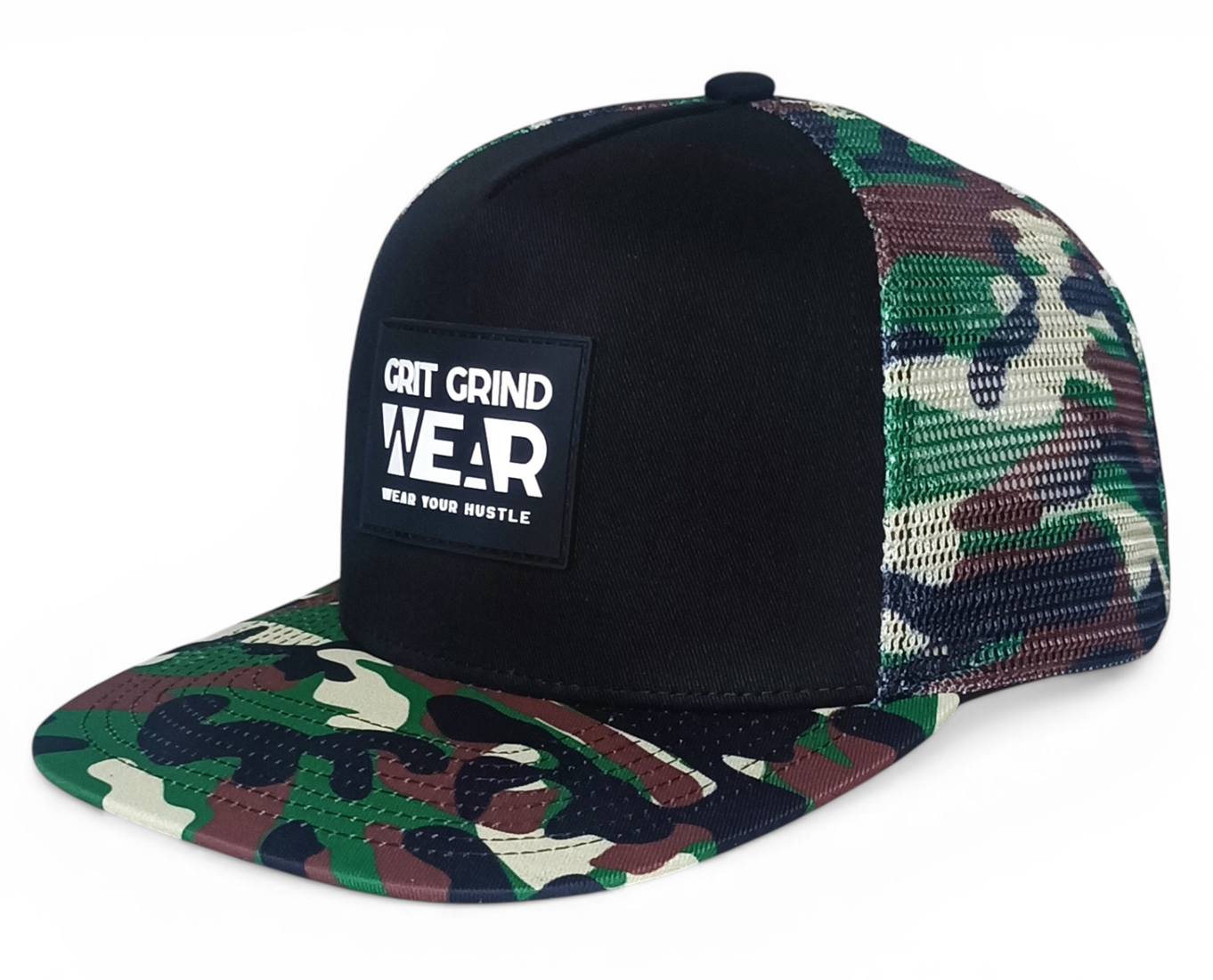 Custom 5 panel printing mesh patterns camo rubber patch logo flat brim trucker hat cap