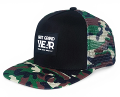 Custom 5 panel printing mesh patterns camo rubber patch logo flat brim trucker hat cap