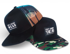 Custom 5 panel printing mesh patterns camo rubber patch logo flat brim trucker hat cap