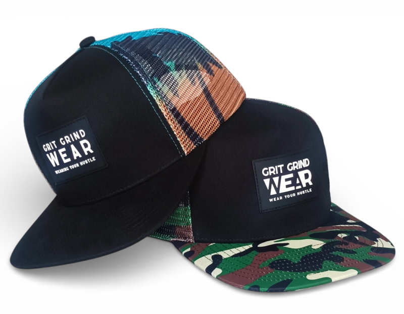 Custom 5 panel printing mesh patterns camo rubber patch logo flat brim trucker hat cap