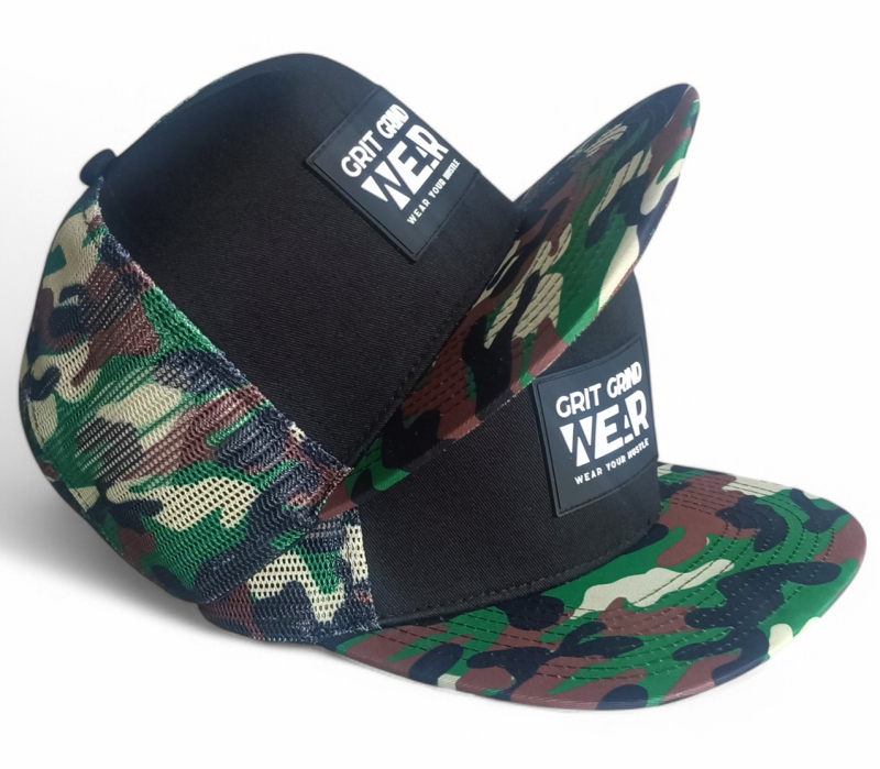 Custom 5 panel printing mesh patterns camo rubber patch logo flat brim trucker hat cap