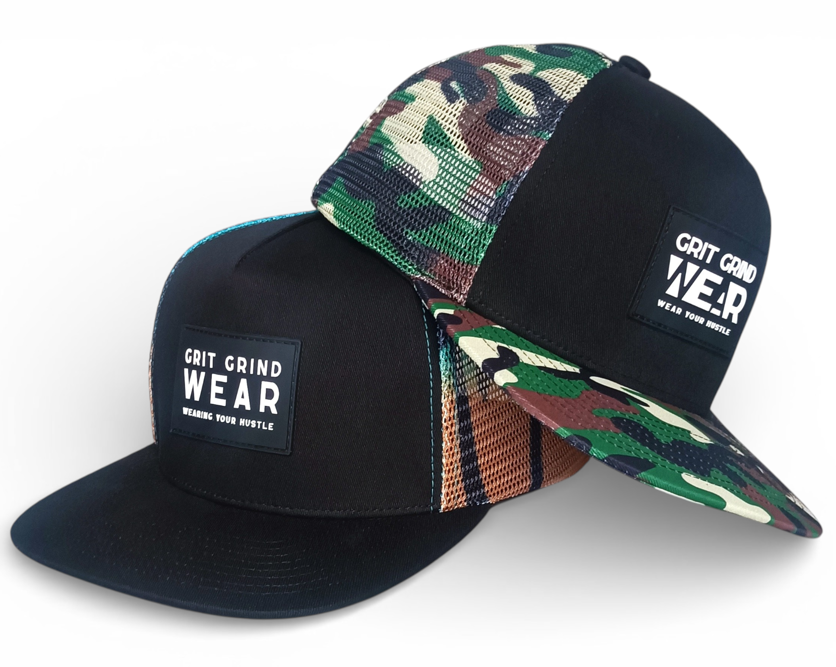 Custom 5 panel printing mesh patterns camo rubber patch logo flat brim trucker hat cap