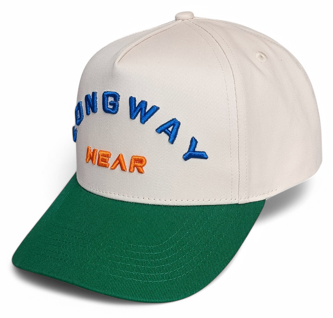 Custom Structured 3D Embroidery Logo Snapback Cap 100% Cotton 5-Panel Hat with 2 Tone Beige Green Curved Brim Baseball Cap