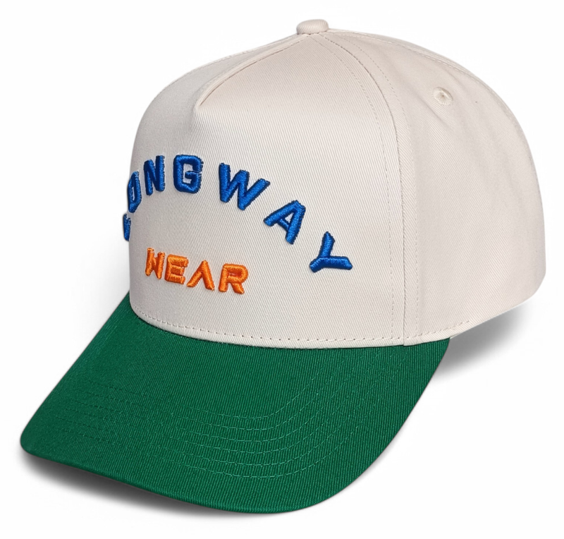 Custom Structured 3D Embroidery Logo Snapback Cap 100% Cotton 5-Panel Hat with 2 Tone Beige Green Curved Brim Baseball Cap