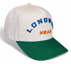 Custom Structured 3D Embroidery Logo Snapback Cap 100% Cotton 5-Panel Hat with 2 Tone Beige Green Curved Brim Baseball Cap