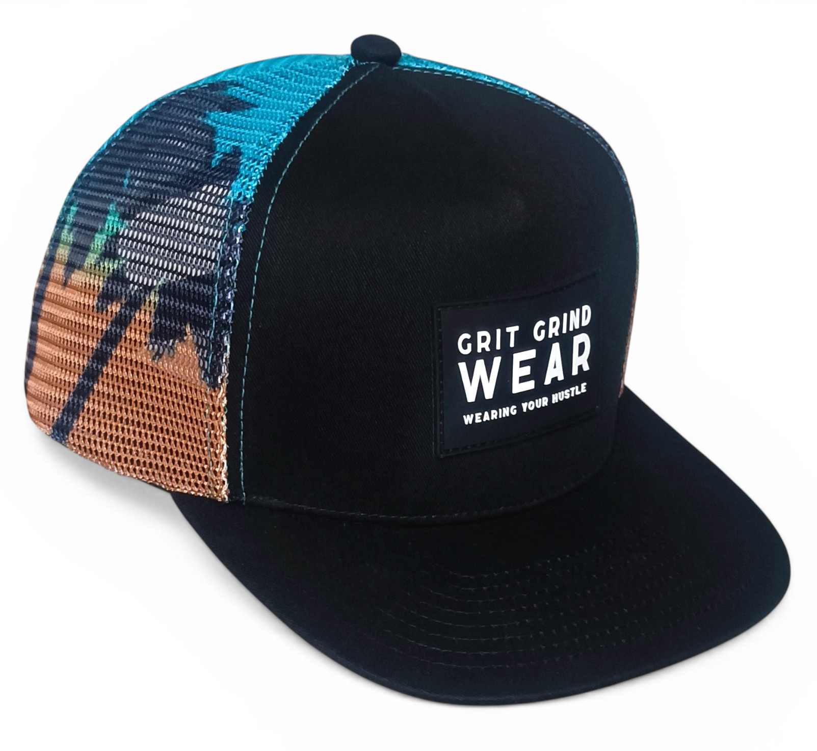 Custom 5 panel printing mesh patterns camo rubber patch logo flat brim trucker hat cap