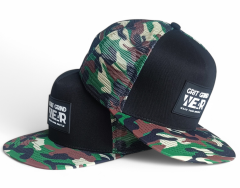 Custom 5 panel printing mesh patterns camo rubber patch logo flat brim trucker hat cap