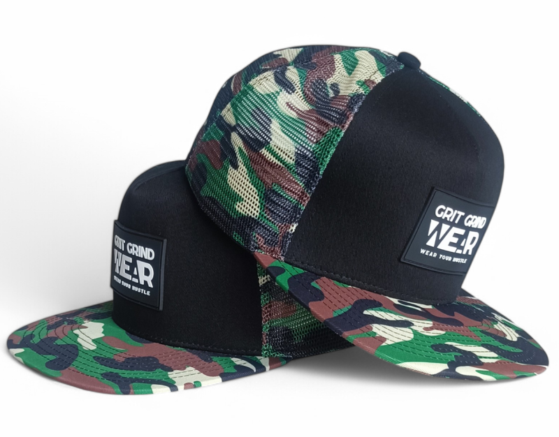 Custom 5 panel printing mesh patterns camo rubber patch logo flat brim trucker hat cap