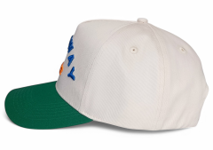 Custom Structured 3D Embroidery Logo Snapback Cap 100% Cotton 5-Panel Hat with 2 Tone Beige Green Curved Brim Baseball Cap