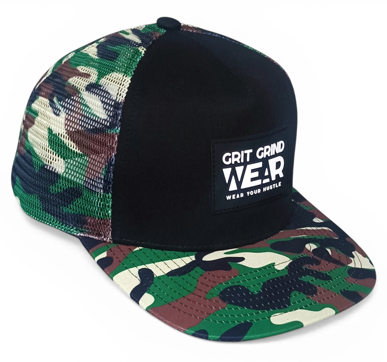 Custom 5 panel printing mesh patterns camo rubber patch logo flat brim trucker hat cap
