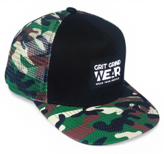 Custom 5 panel printing mesh patterns camo rubber patch logo flat brim trucker hat cap