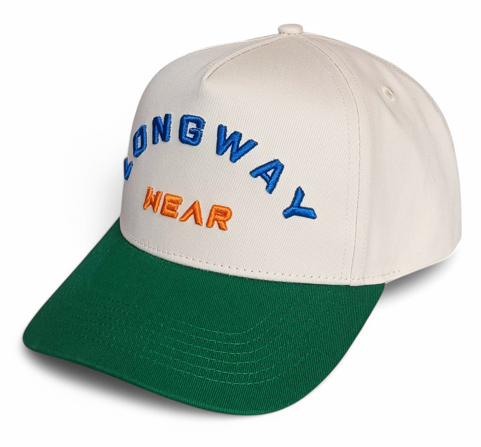 Custom Structured 3D Embroidery Logo Snapback Cap 100% Cotton 5-Panel Hat with 2 Tone Beige Green Curved Brim Baseball Cap