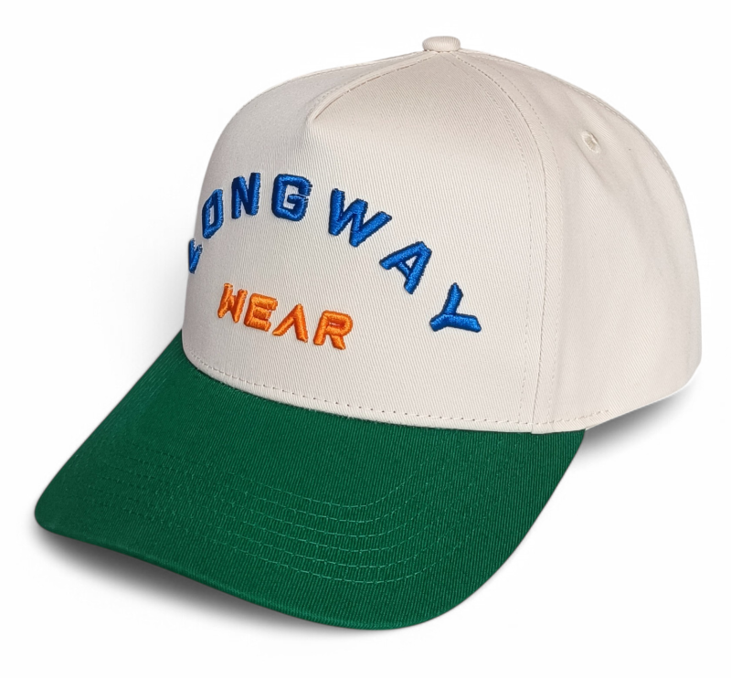 Custom Structured 3D Embroidery Logo Snapback Cap 100% Cotton 5-Panel Hat with 2 Tone Beige Green Curved Brim Baseball Cap