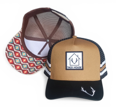Custom 5 panel high profile brown 3 stripes hat Australia country trucker cap