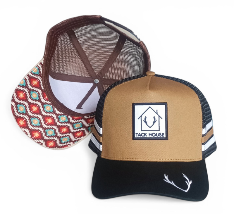 Custom 5 panel high profile brown 3 stripes hat Australia country trucker cap