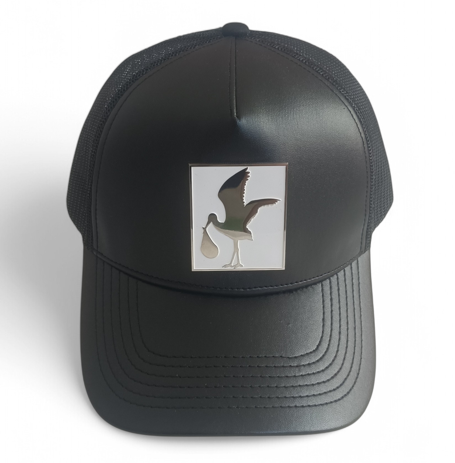 Custom black leather mesh hat metal patch logo high quality trucker cap hat