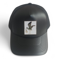 Custom black leather mesh hat metal patch logo high quality trucker cap hat