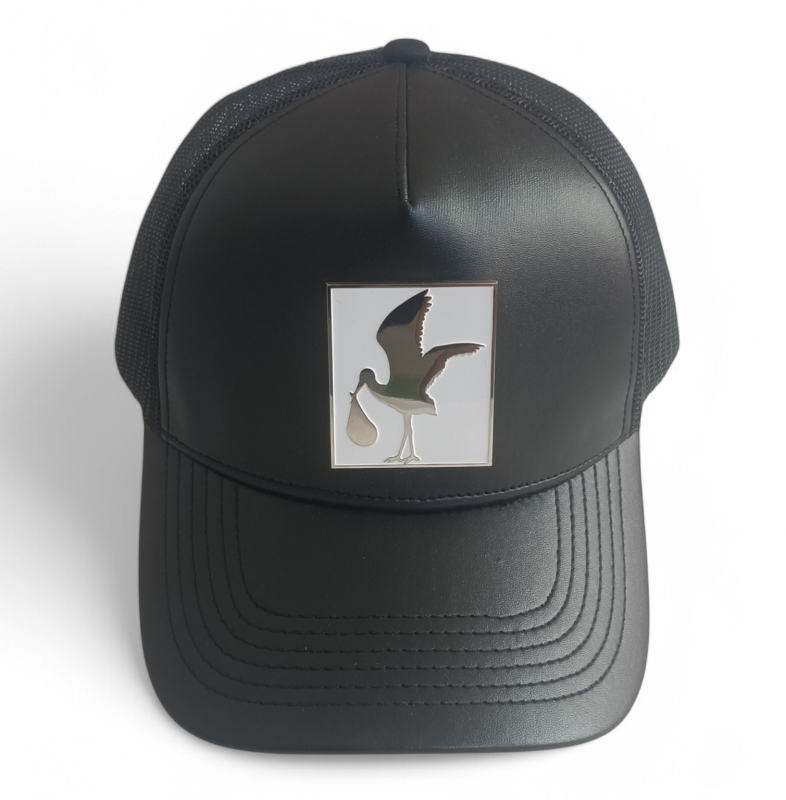 Custom black leather mesh hat metal patch logo high quality trucker cap hat