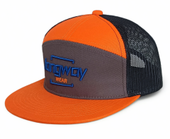 7 panel orange flat brim 3D embroidery logo trucker hat snapback cap
